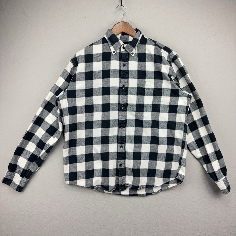 Lands' End Shirt Mens Large Black White Plaid Flannel Long Sleeve Button-Up